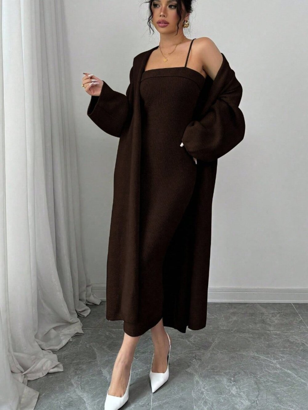 Brown Casual Minimalist Women's Spaghetti Strap knit Dress & cardigan set - Picture 7 of 8